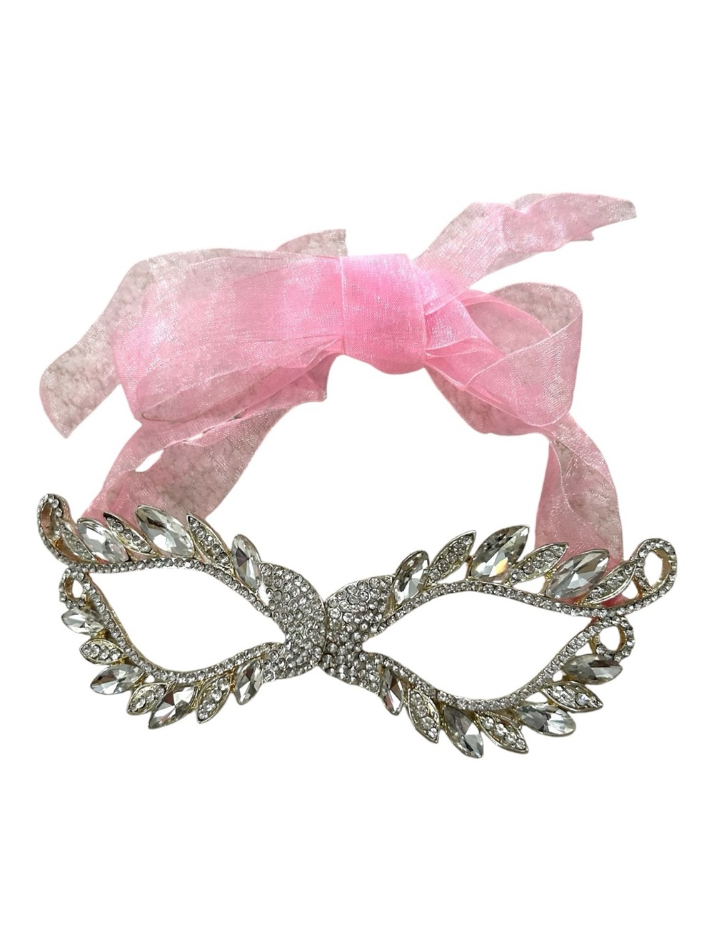 Rhinestone Leaf Masquerade Mask with Pink Ribbon Tie